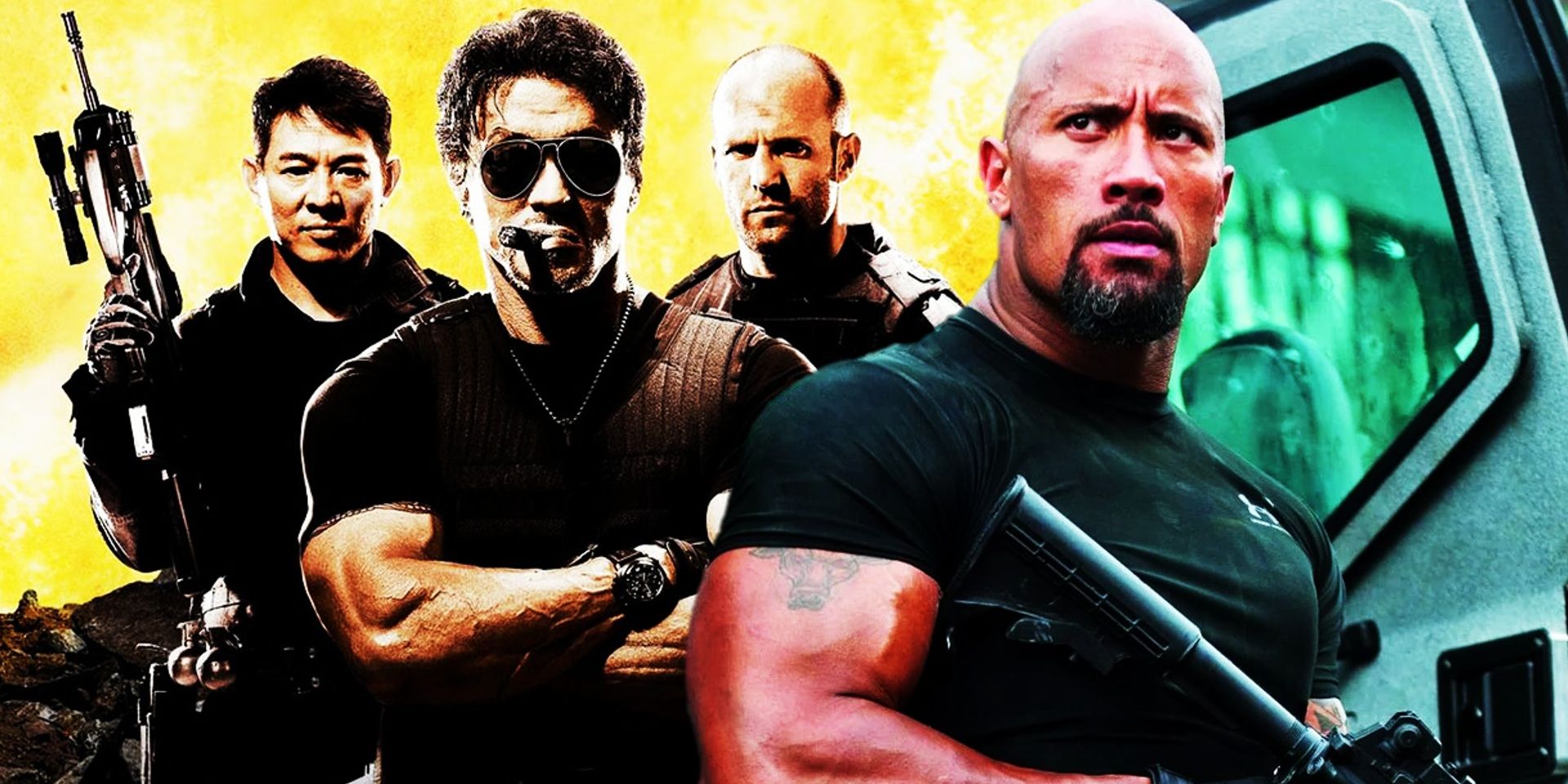 Poster collage for mercenaries and Dwayne Johnson in Fast Five