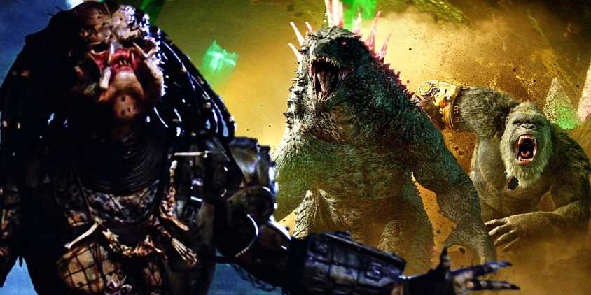 Collage of the Predator in Predator and Godzilla and Kong running in Godzilla x Kong The New Empire