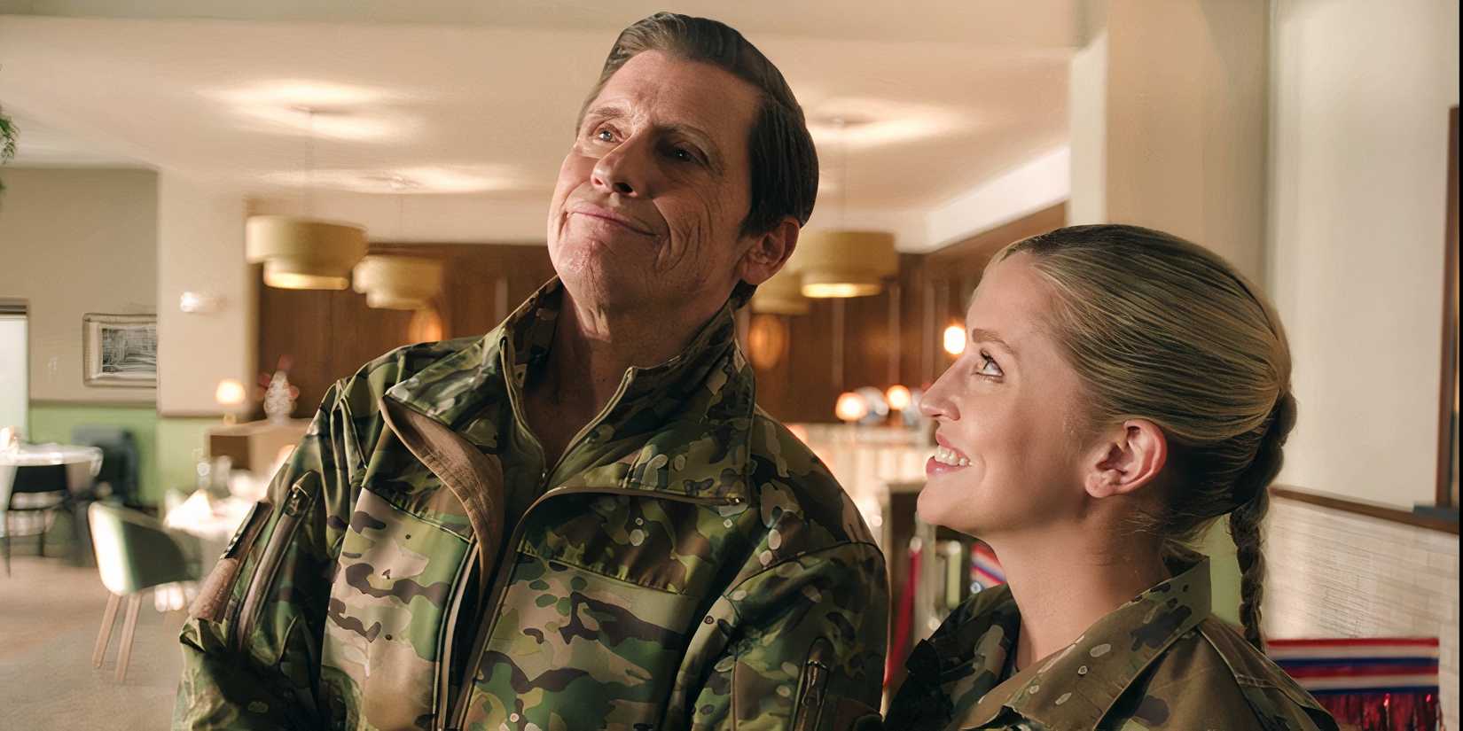 Colonel Quinn and Maggie smiling in Going Dutch
