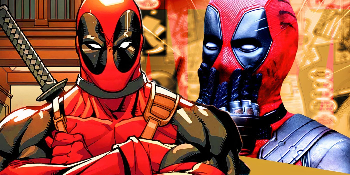 Comic Deadpool with arms folded to the left and live-action Deapool surprised to the right