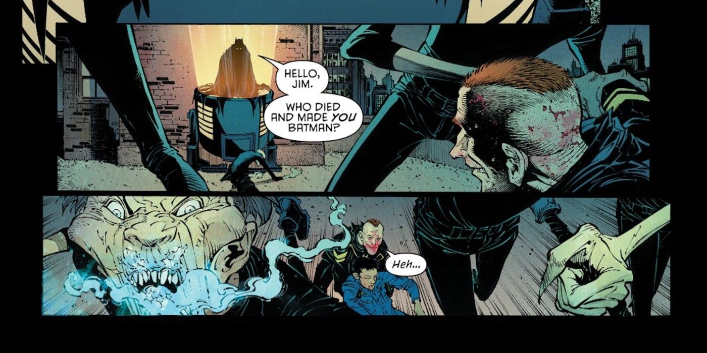 Comic book panels: Commissioner Jim Gordon is happy to see Bruce Wayne return to Gotham in Batman #50