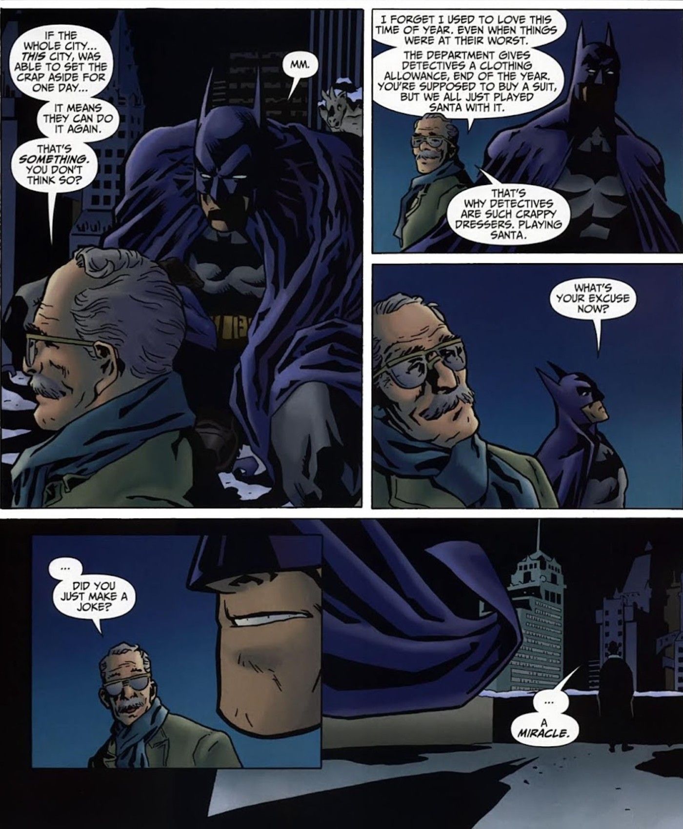 Comic book panels: Commissioner Jim Gordon is shocked to hear Batman make a joker on Christmas in the DC Universe Holiday Special