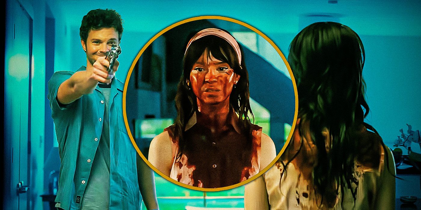 Companion&rsquo;s Jack Quaid pointing a gun at Sophie Thatcher with her bloody face in the center
