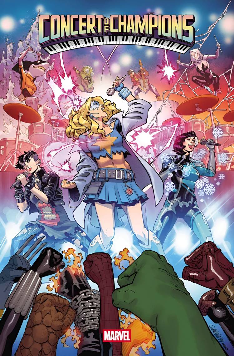 Dazzler, Lila Cheney, and Luna Snow perform a concert.