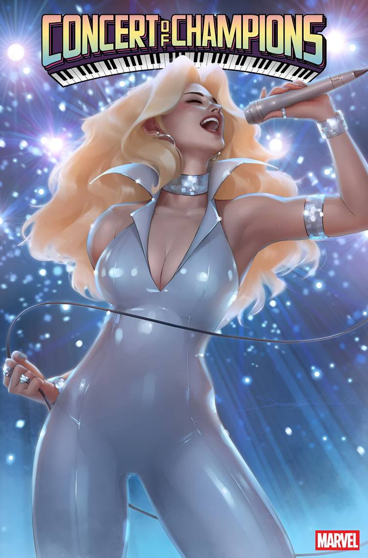 Dazzler sings into a microphone.