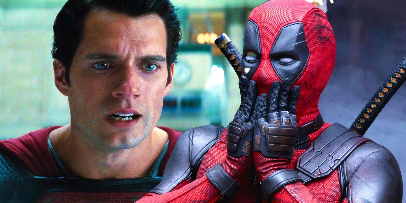 Split image of Henry Cavill as Superman looking emotional and Ryan Reynolds as Deadpool gasping and covering his mouth