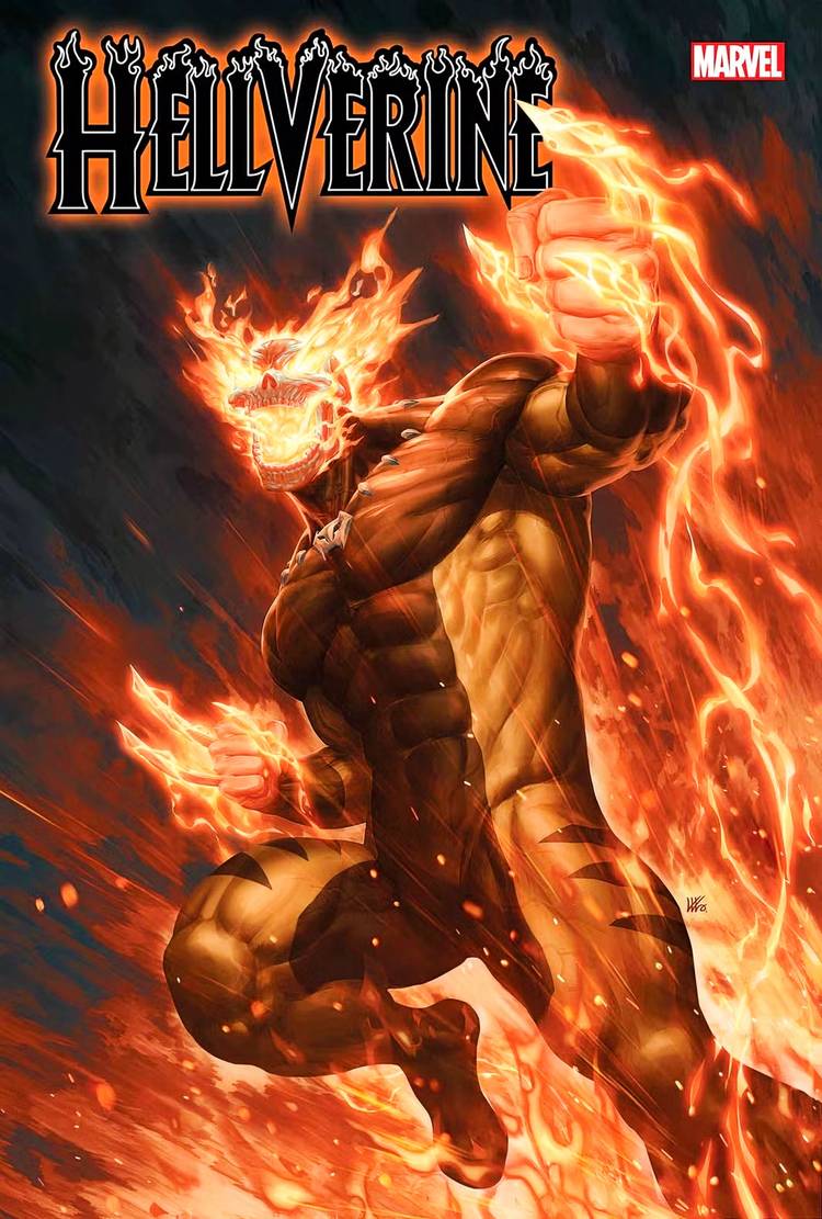 Cover art for the Hellverine 2024 series, depicting the Hellverine leaping into battle.