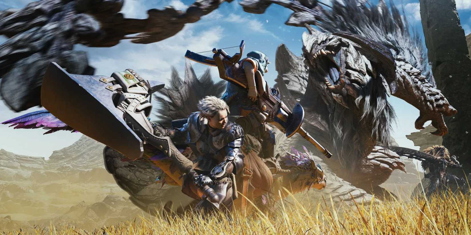 Hunter fights a monster on the cover art for the standard edition of Monster Hunter Wilds.