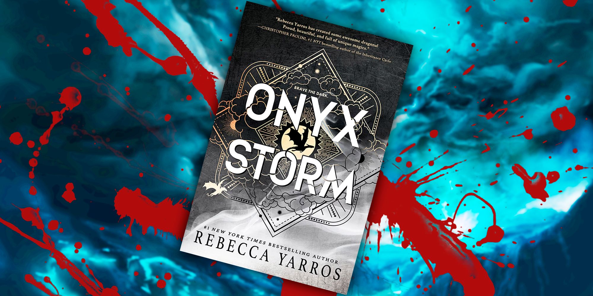 Onyx Storm by Rebecca Yarros with a blue stormy background and blood splatters