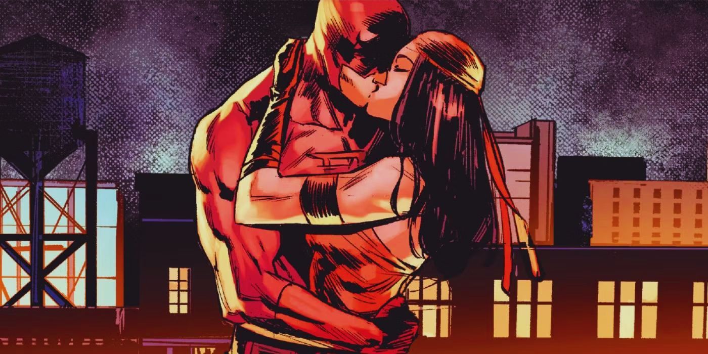 Comic book art: Daredevil and Elektra kiss on a rooftop