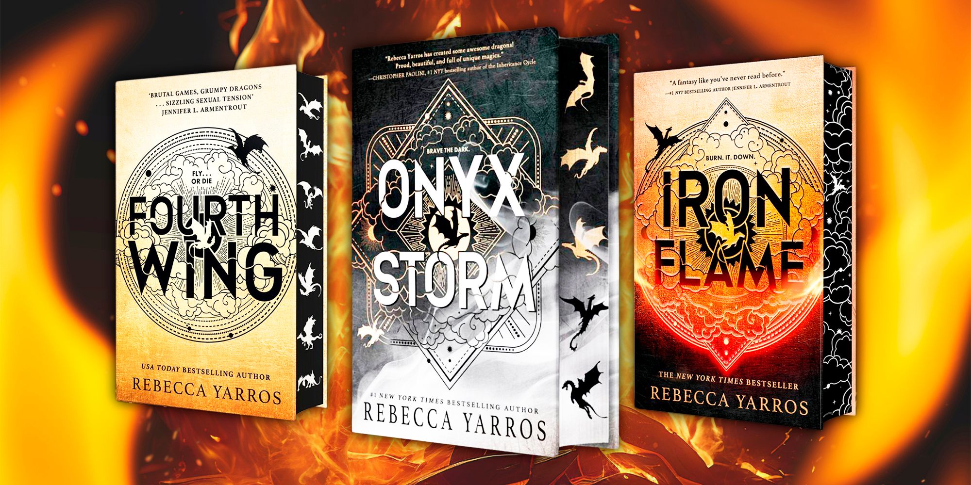 The special editions of Fourth Wing, Onyx Storm, and Iron Flame against a fiery background