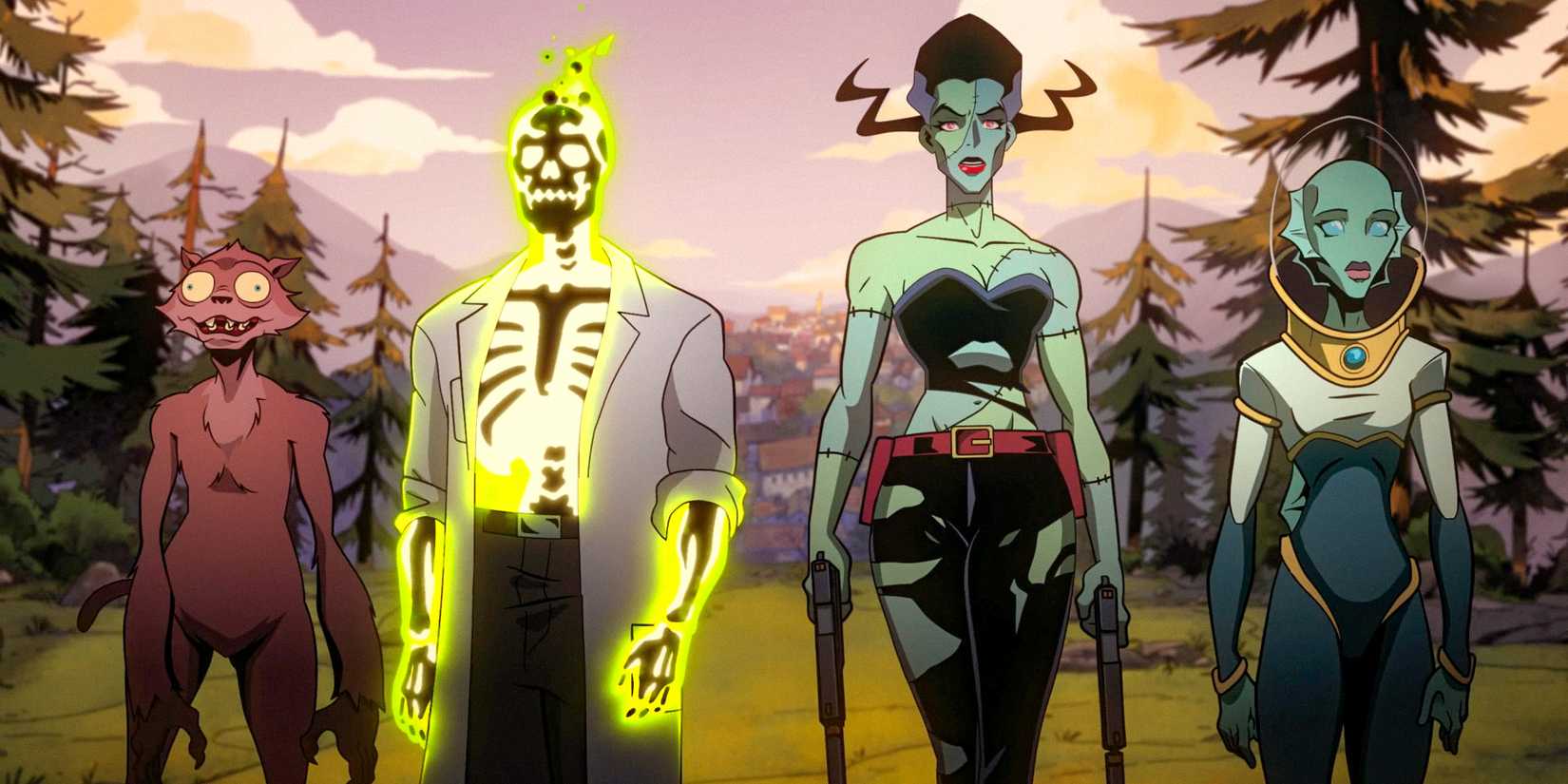 Weasel, Doctor Phosphorus, The Bride, and Nina Mazursky en route to complete their mission to eliminate Princess Ilana in Creature Commandos Season 1 Ep 6