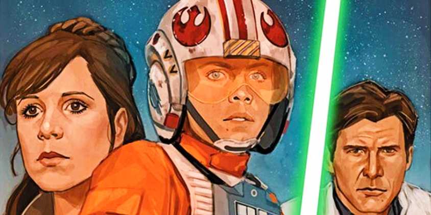 Comic book art: Leia, Luke, and Han against a starry backdrop