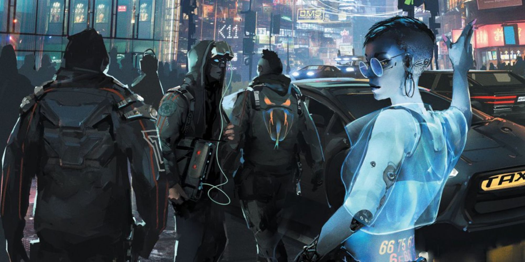 La couverture de Cyberpunk Red représentant une rue bondée de Night City.