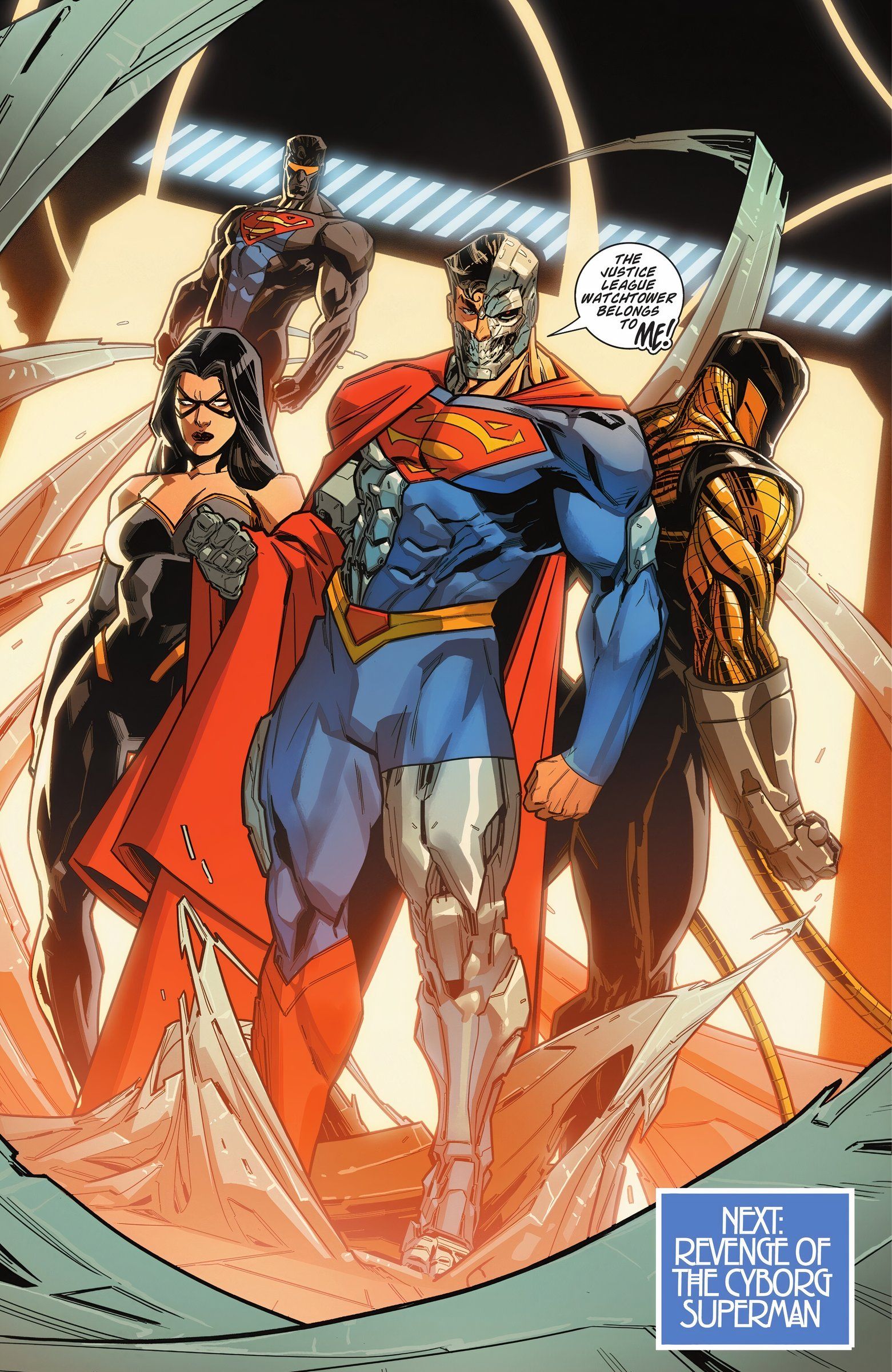 Imagem de Cyborg Superman, ladeado por Nightshade, o erradicador e o canal