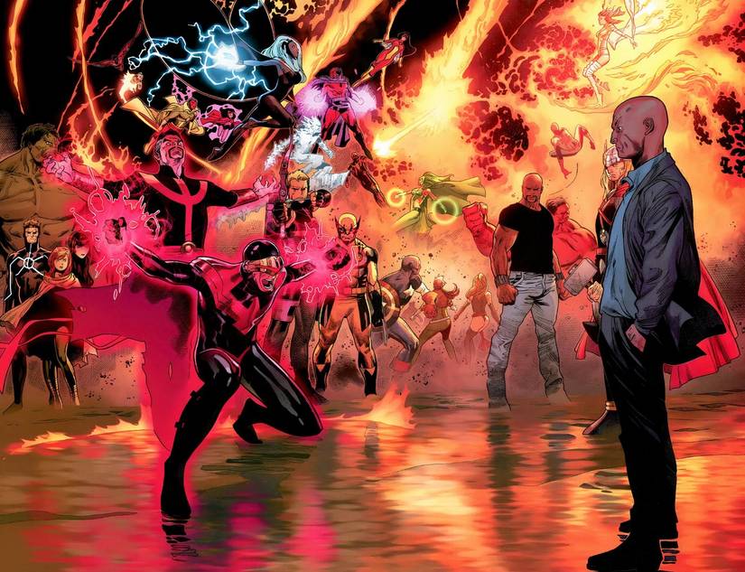The X-Men and the Avengers trying to stop a Phoenix-powered Cyclops.