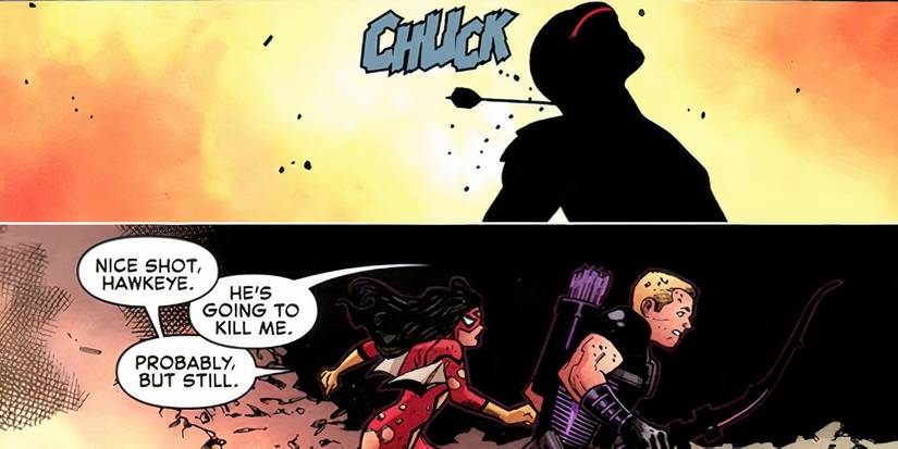 Hawkeye shooting Cyclops in the neck with an arrow.