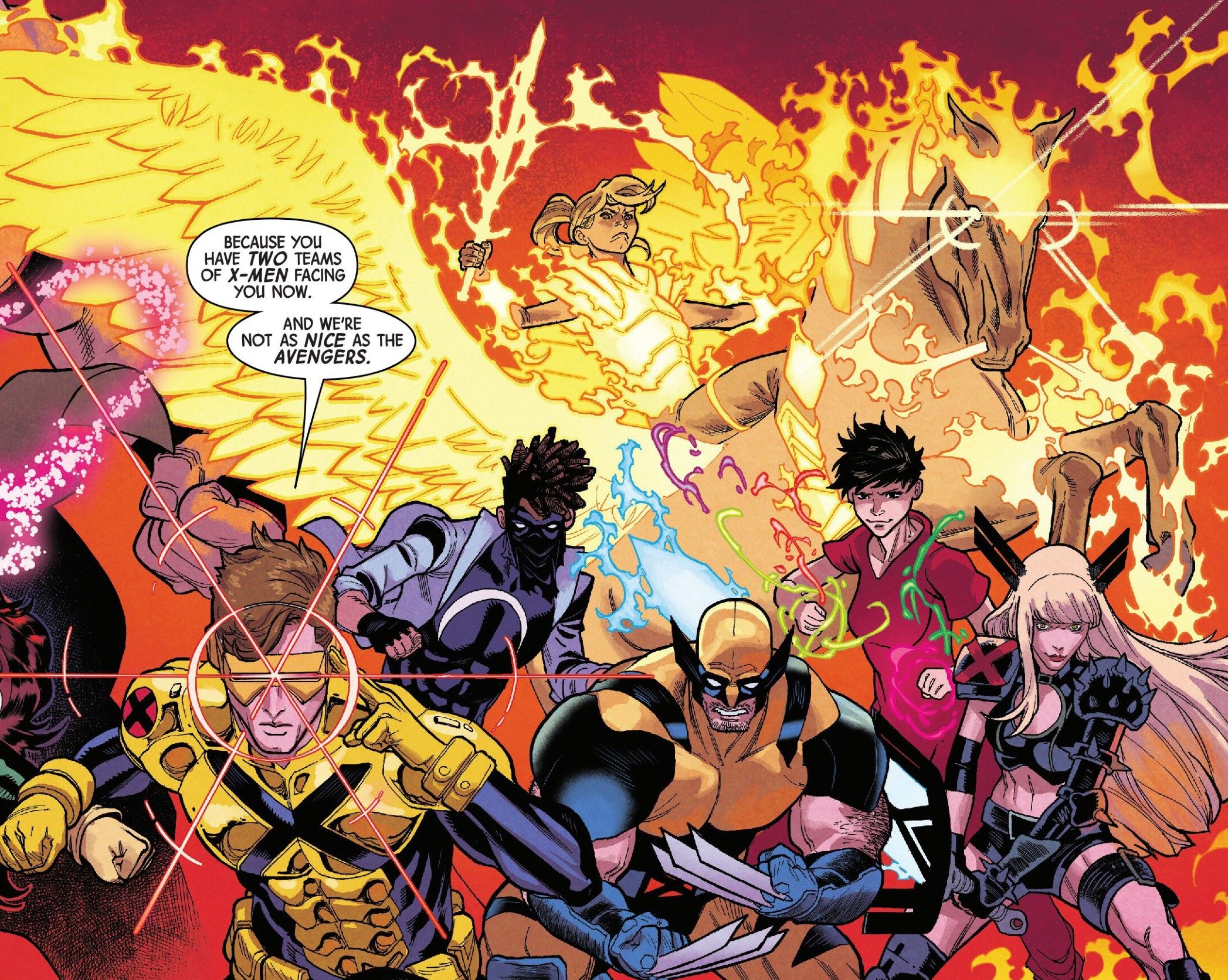 Comic book panel: Cyclops gathers his X-Men team, saying they're not as nice as the Avengers.