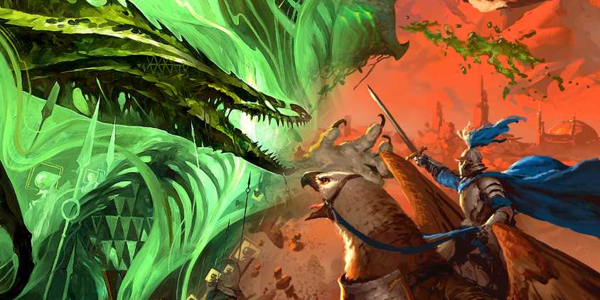 A green dragon from D&D 2025 book Dragon Delves next to a heroic knight in the 2025 Monster Manual.
