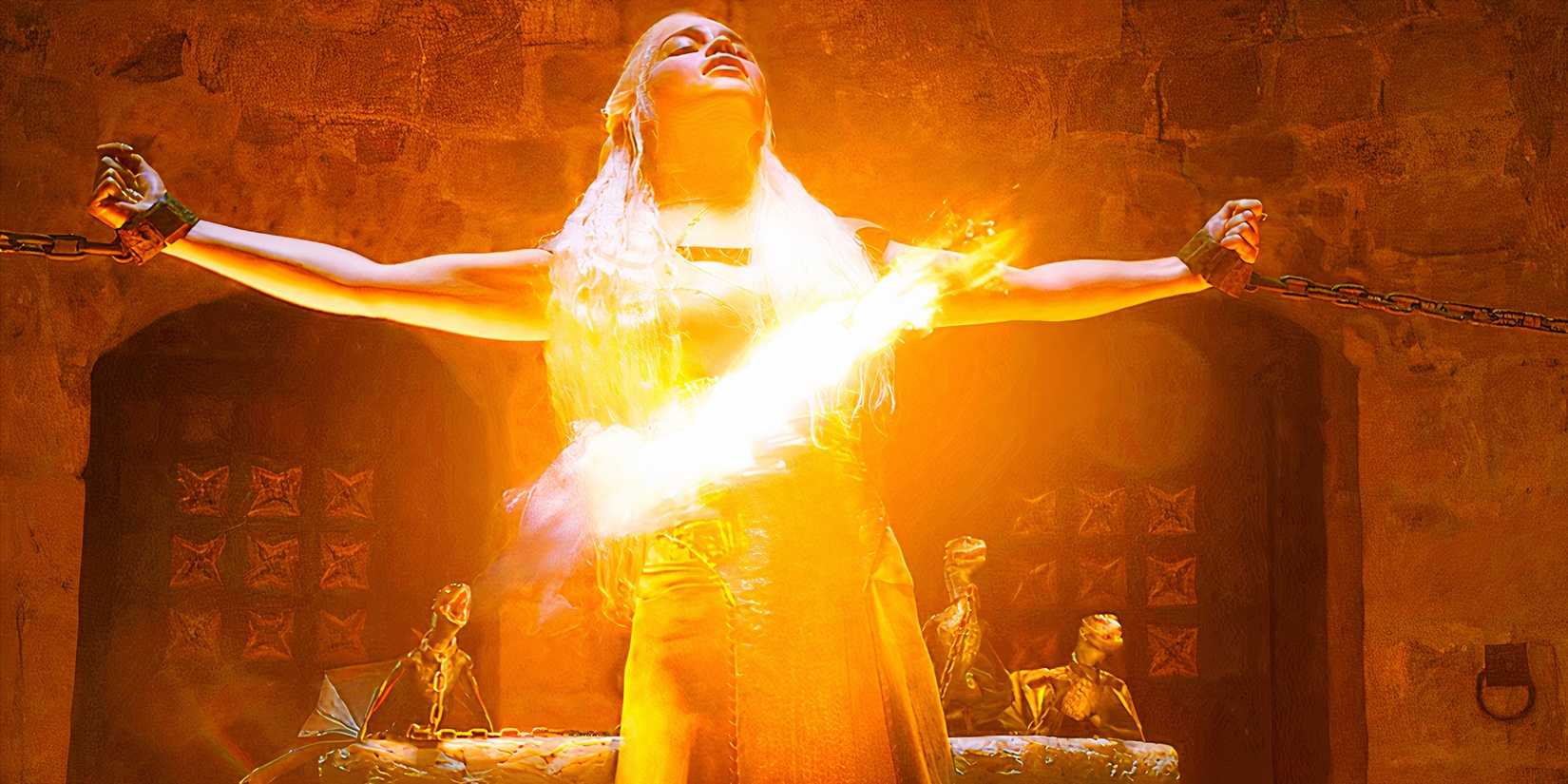 Daenerys with her baby dragons breathing fire in Game of Thrones season 2