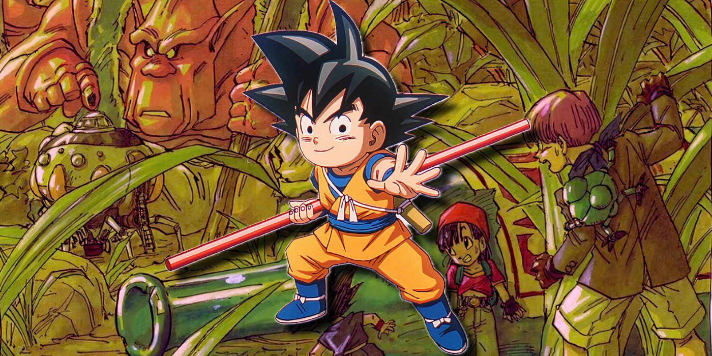 Daima Goku in front of Dragon Ball GT art by Akira Toriyama.