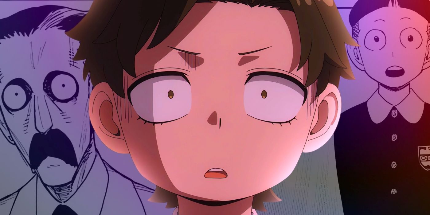 Damian looking scared while wearing his Eden uniform. Behind him, panels of his father as a child and as an adult can be seen.