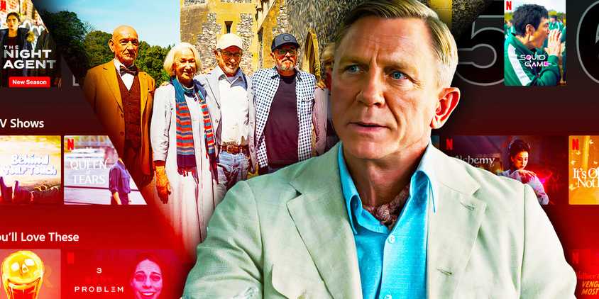 Daniel Craig as Benoit Blanc in Glass Onion next to the cast of The Thursday Murder Club with Netflix projects in the background