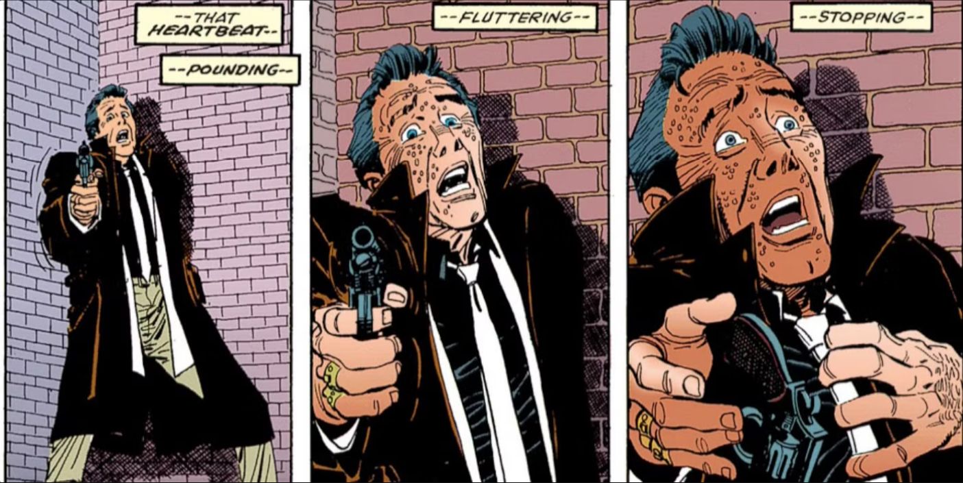 Comic panels: Daredevil makes a mobster have a heart attack