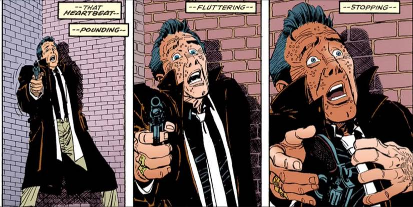 Comic book panels: Daredevil Causes A Mobster To Have A Heart Attack