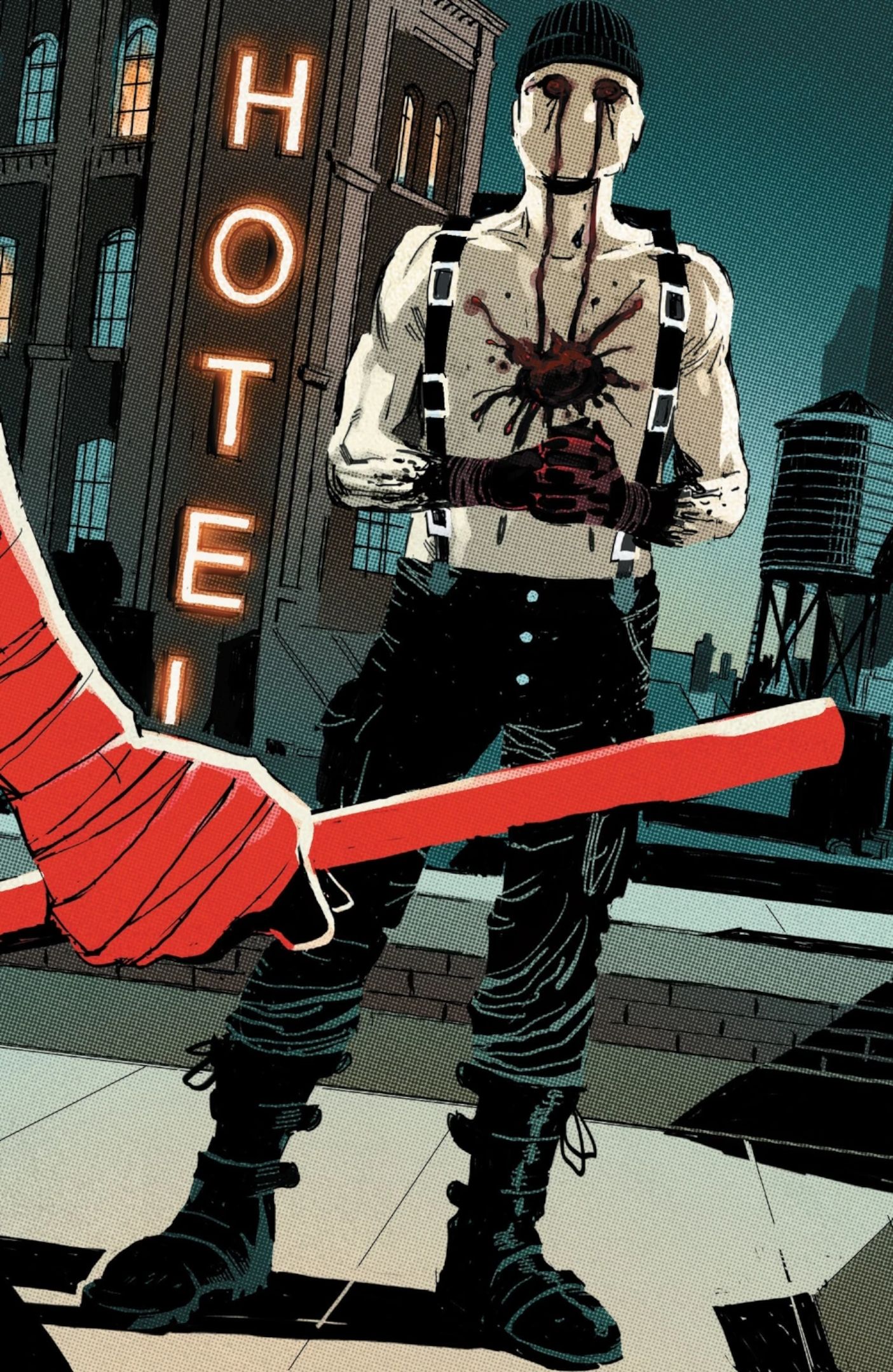 Comic panel: Daredevil in front of the muse in a roof