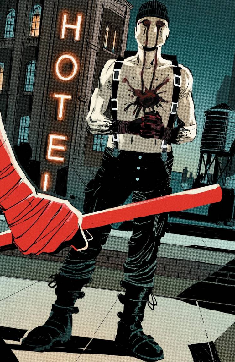 Comic book panel: Daredevil Standing In Front Of Muse On A Rooftop