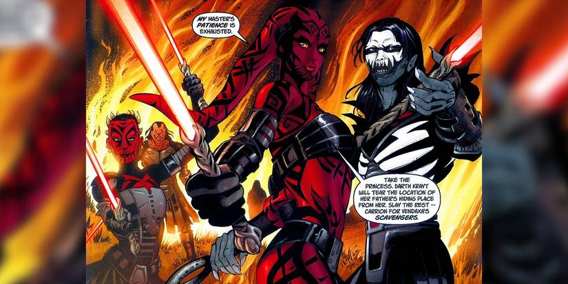Darth Nihl and Darth Talon standing next to each other with lightsabers unsheathed