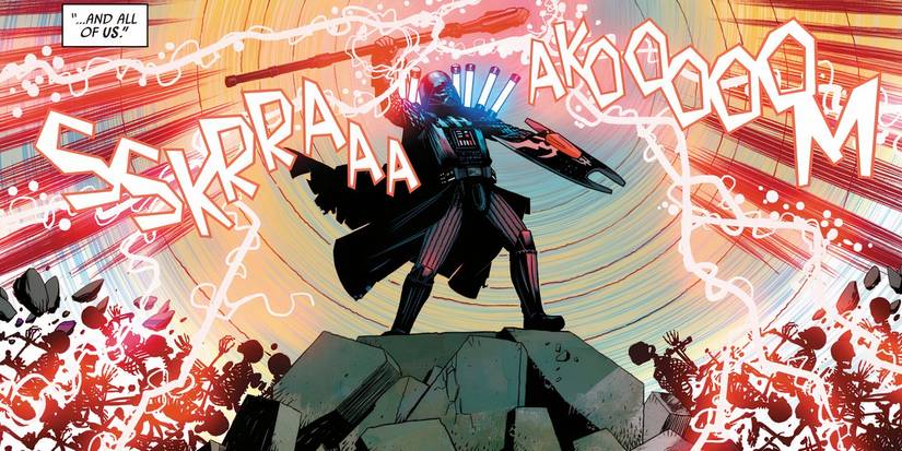Darth Vader vaporizing his enemies with his kyber-powered Zaly Shield and eletrostaff.