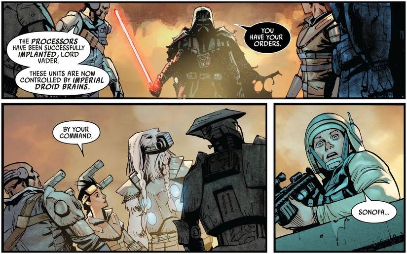 Darth Vader controlling his army of cyborgs remotely. 