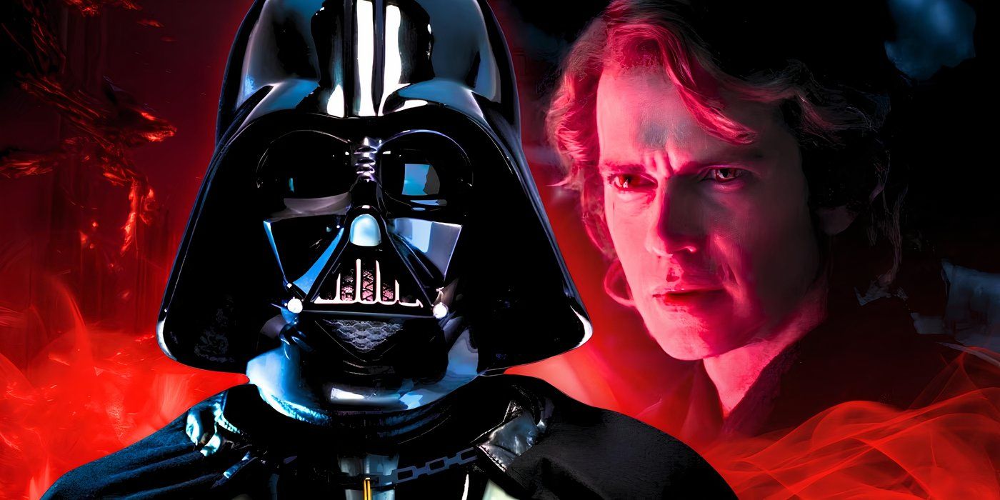 Darth Vader surrounded by red Force energy with Anakin Skywalker behind him.