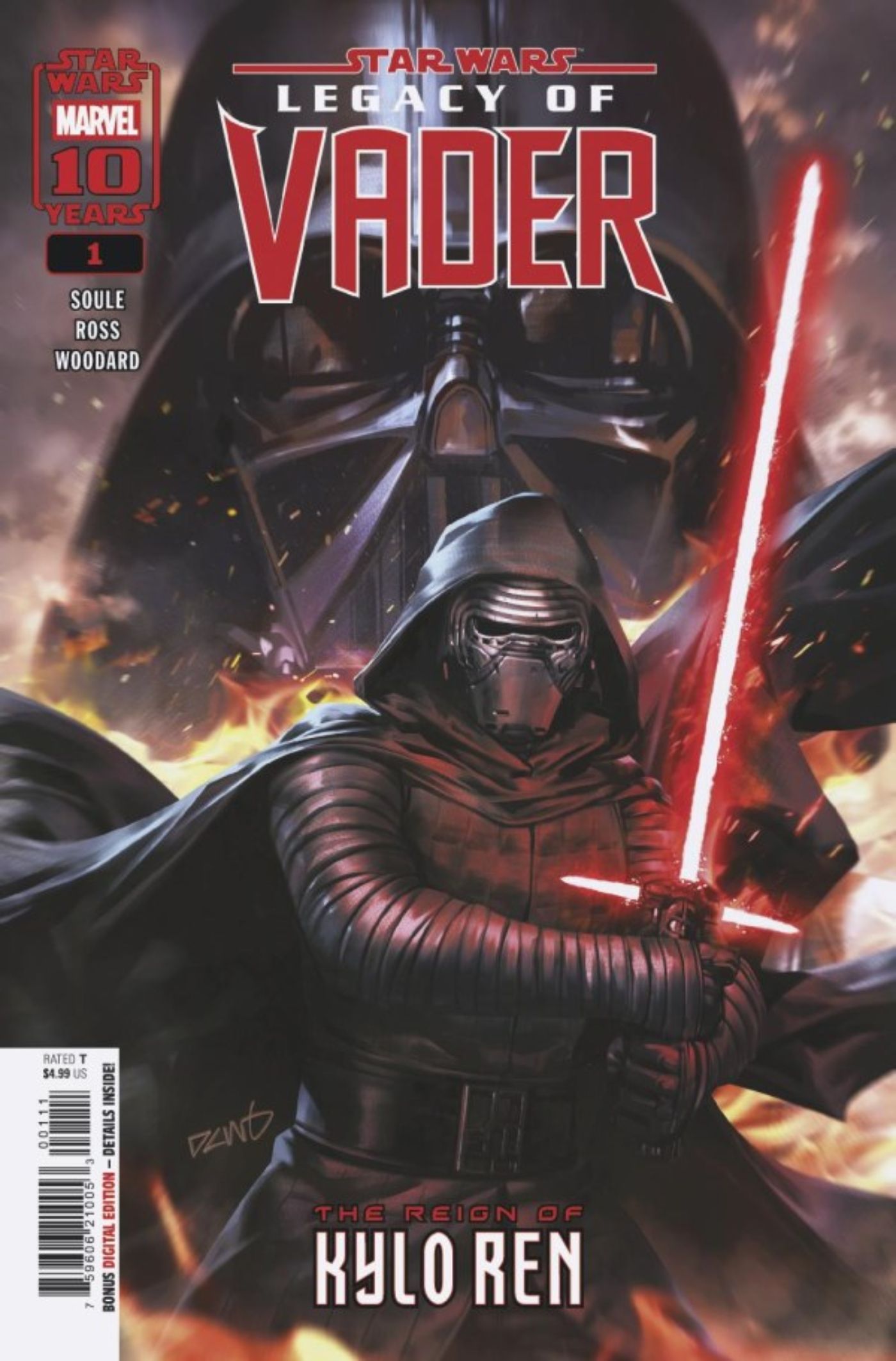 Star Wars: Legacy of Vader #1 Capa com Kylo Ren com a máscara de Darth Vader pairando sobre ele.