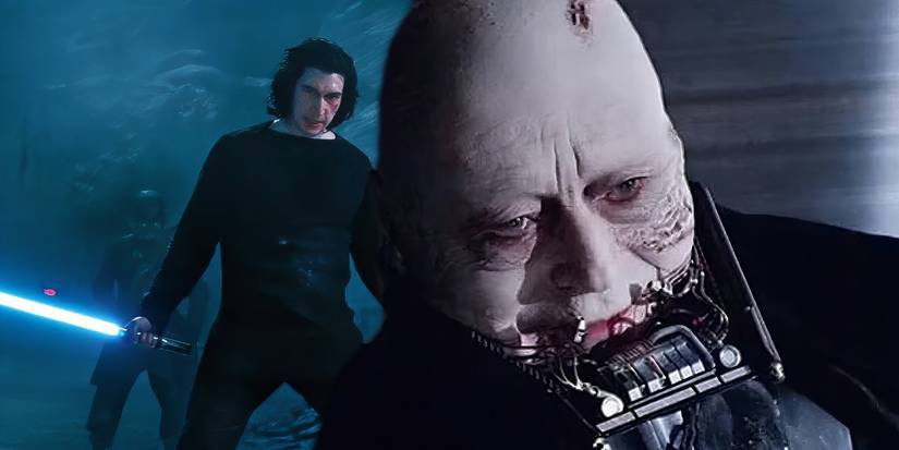 Darth Vader with his mask off and Kylo Ren wielding a blue lightsaber.