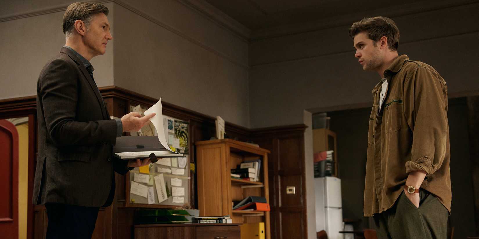 David Morrissey & Leo Woodall standing in an office in Prime Target