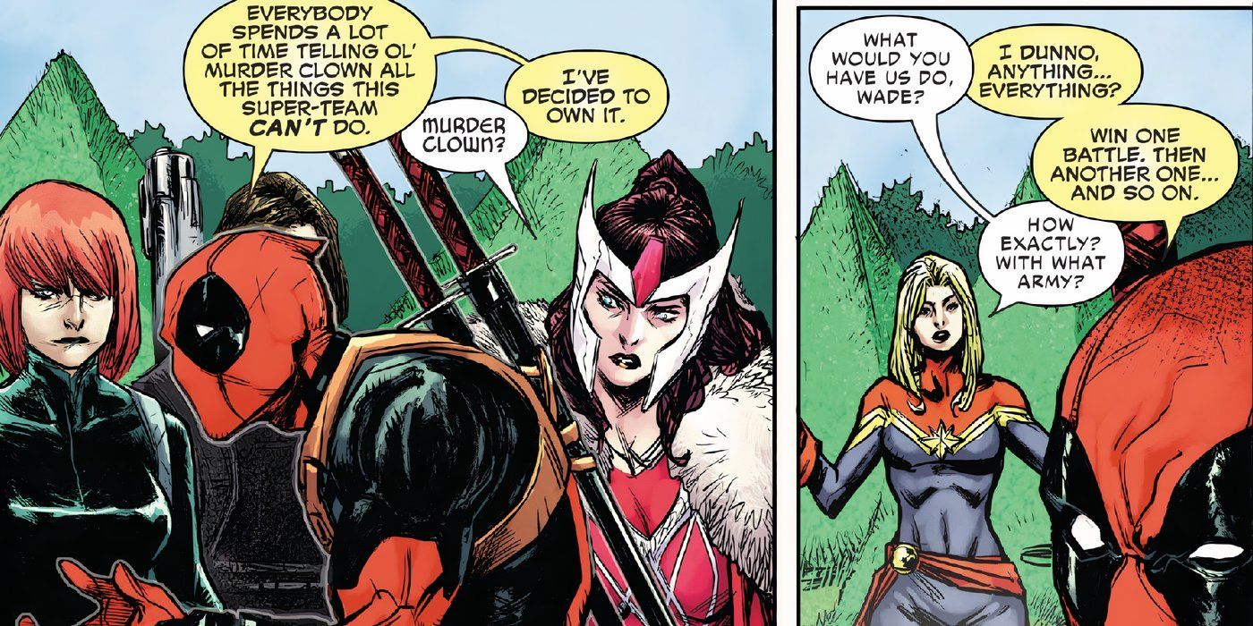 Deadpool calls himself Ol' Murder Clown while he talks to Captain Marvel and Lady Sif