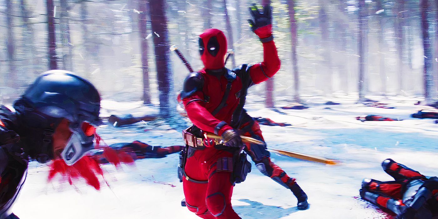 Deadpool fighting the TVA with Logan's bones in Deadpool & Wolverine