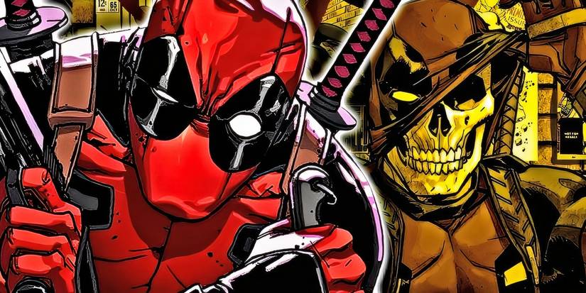 Comic book art: Deadpool with a version of himself behind him lifting up his mask to reveal a skull.