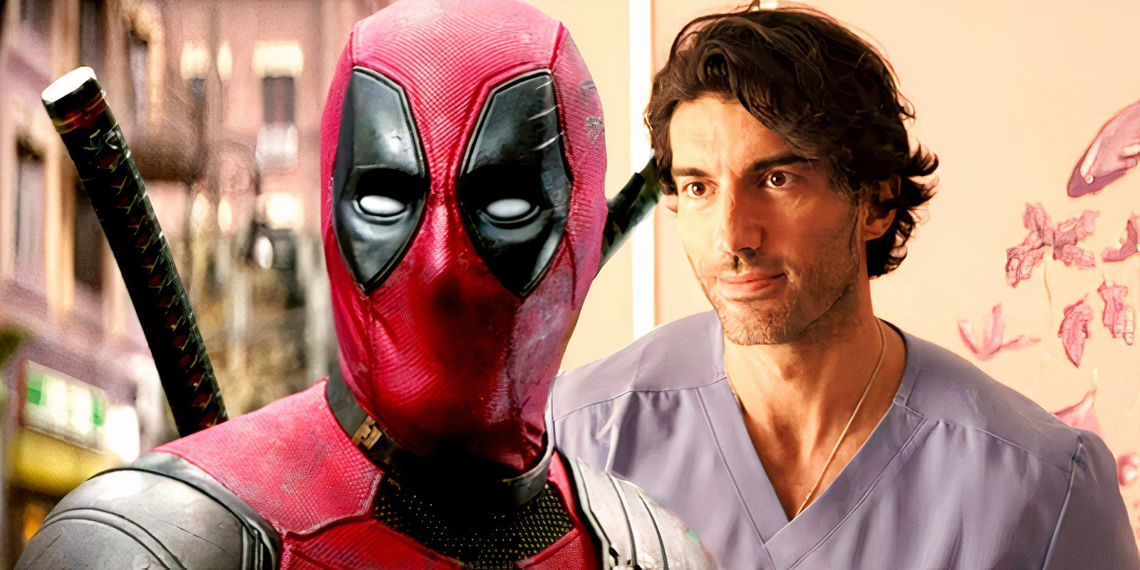 Deadpool looking in Deadpool and Wolverine while Justin Baldoni smiles in It Ends With Us-1