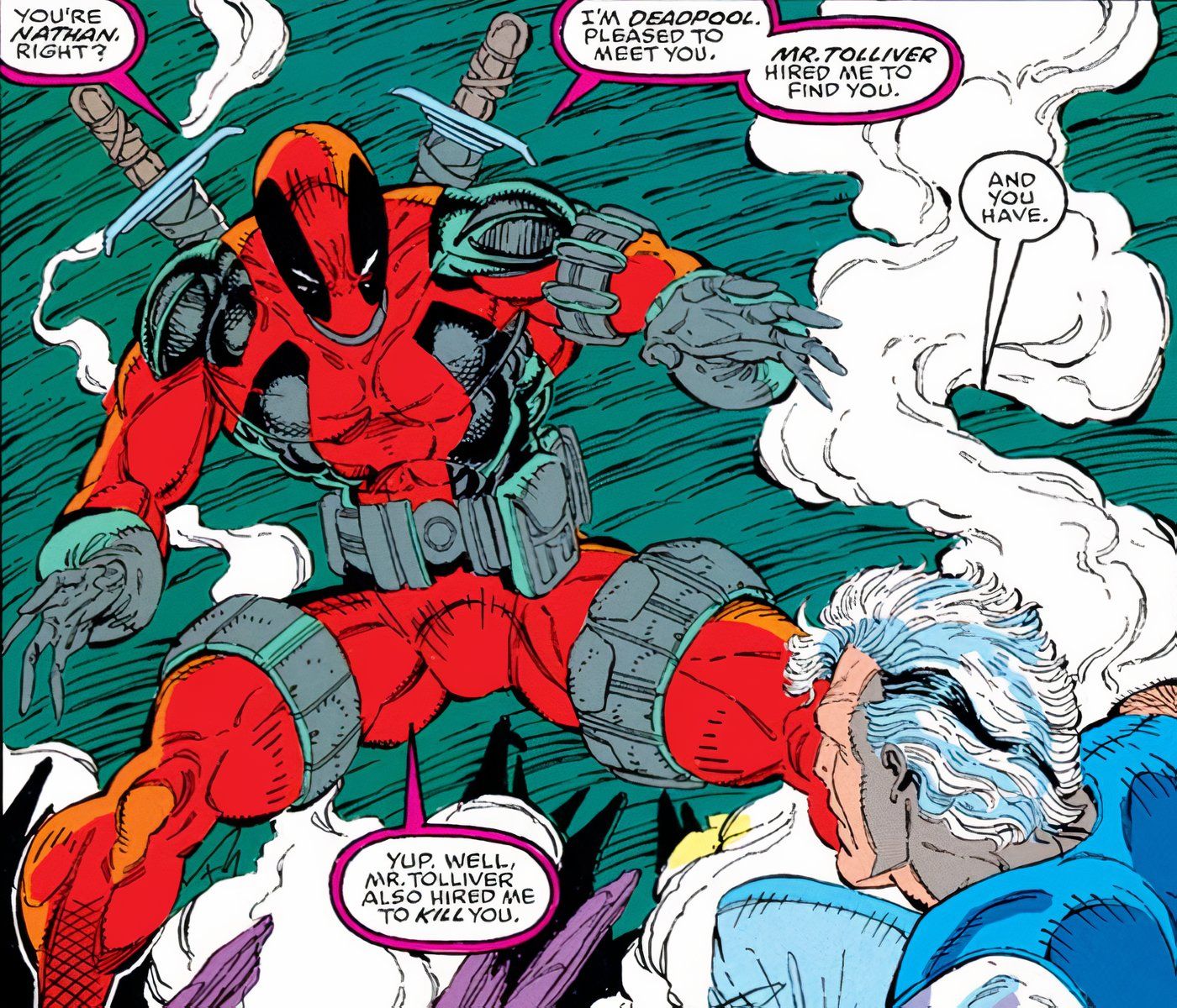 Deadpool tentando assassinar Cable durante sua primeira aparição.