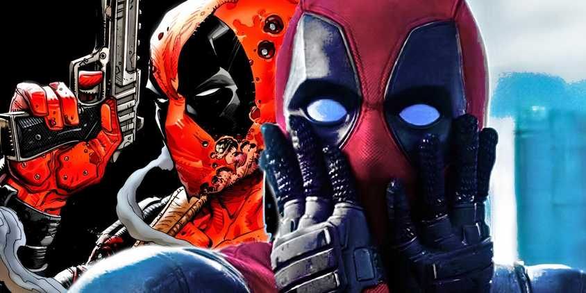 MCU's Deadpool with Marvel Comics' Deadpool in a ripped suit holding a gun behind him.