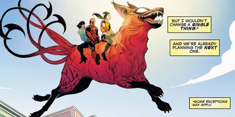Deadpool riding on the back of his symbiote dog daughter, Princess.