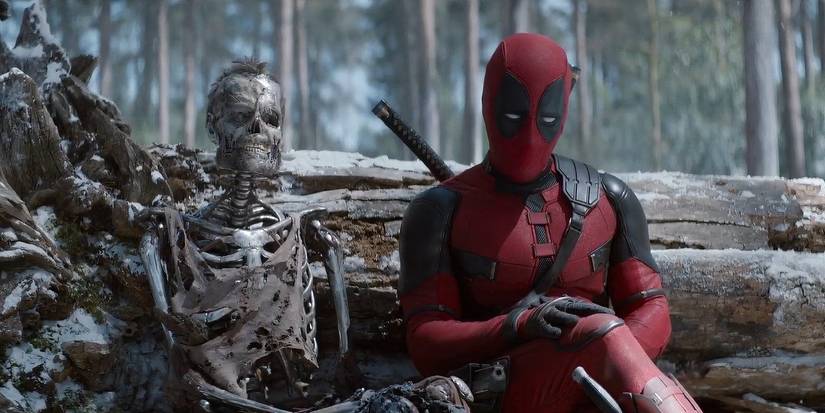 Deadpool beside Wolverine's bones in Deadpool and Wolverine
