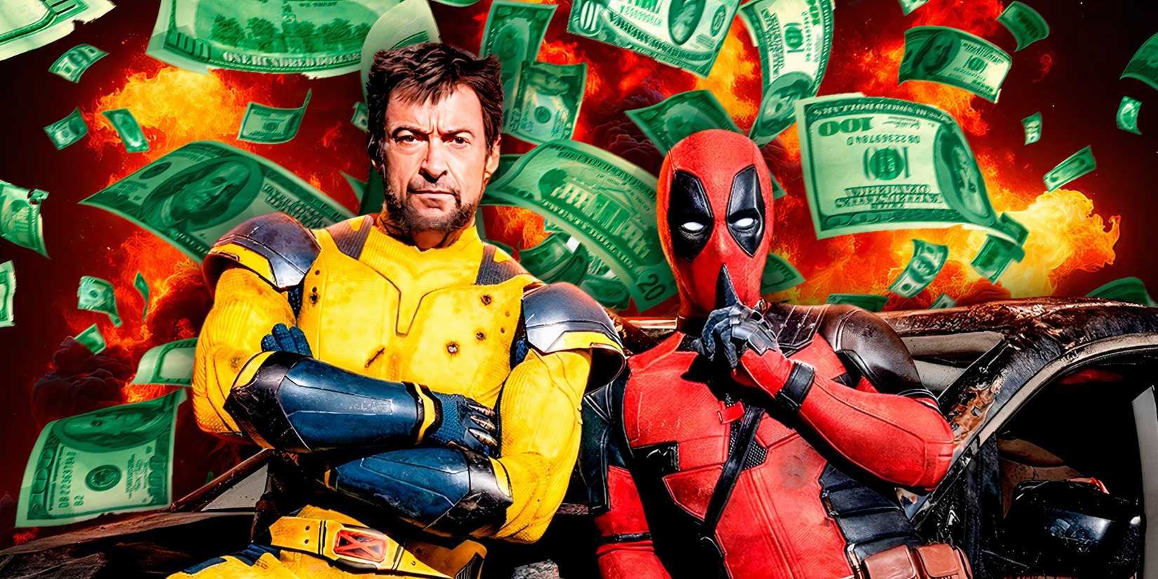 Hugh Jackman's Wolverine and Ryan Reynolds' Deadpool in promotional photos from Deadpool & Wolverine (2024) with photoshopped money in the background