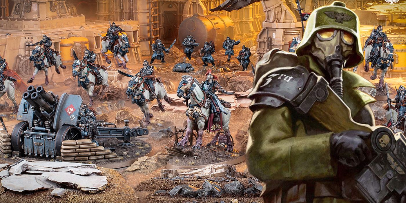 Death Korps miniatures flanked by a large image of a Death Korps soldier