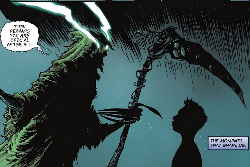 Comic book panel: Death believes that Phil Coulson is special because he isn't afraid of her.