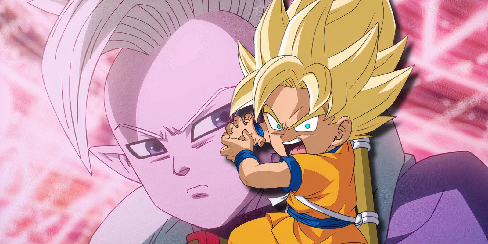 Super Saiyan Goku in a Kamehameha pose while a still shot of Degesu from Dragon Ball Daima is in the background.